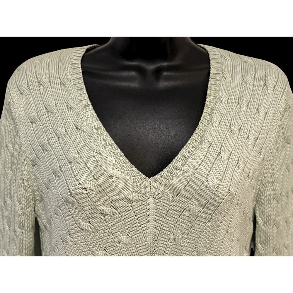 Ralph Lauren Women Sweater S Cable Silk V-Neck Pistachio Pullover EUC Preppy - Picture 4 of 8